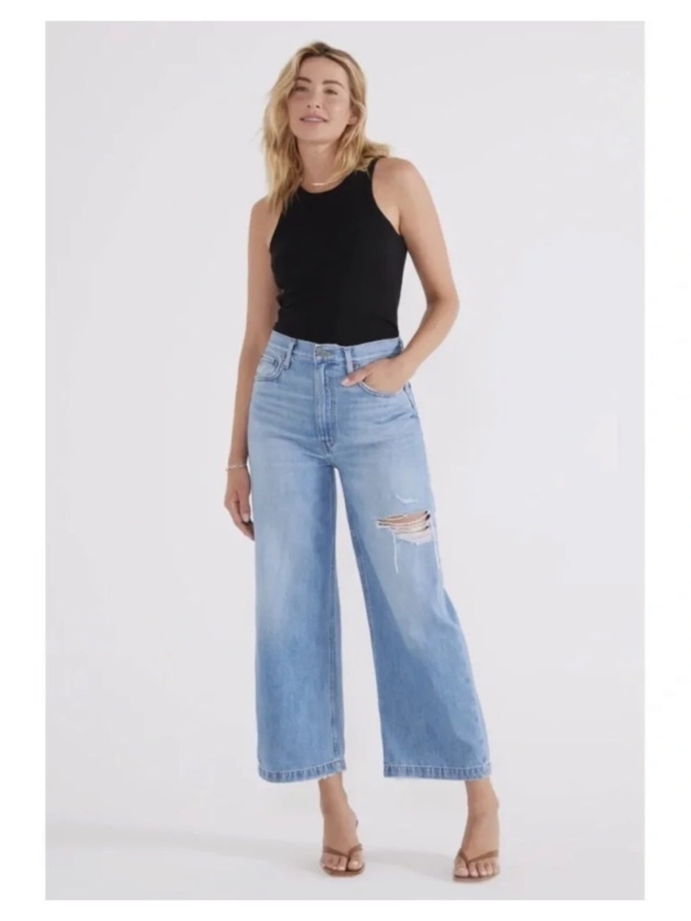 Etica High-Rise ‘Devon’ Wide Leg Crop Jeans in Light Blue Wash with Distressing